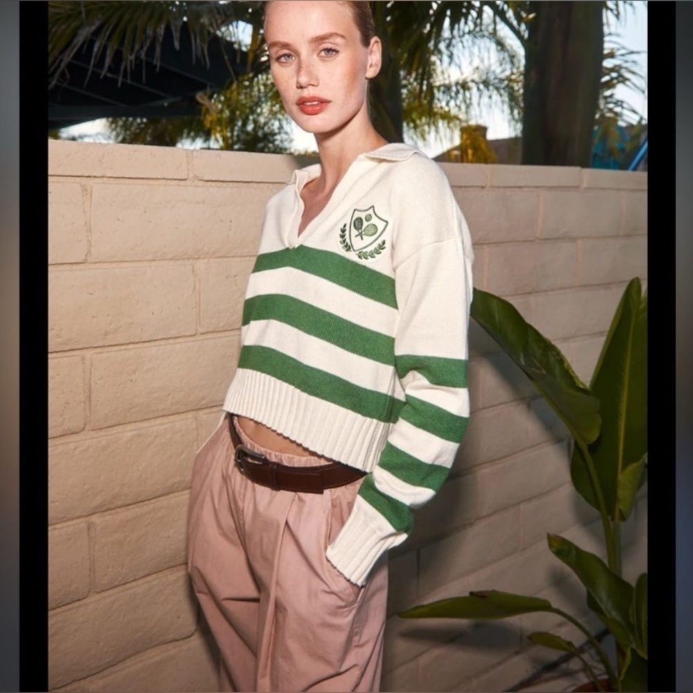 Anthropology Stateside Green and White Striped cropped Sweater - Picture 1 of 12